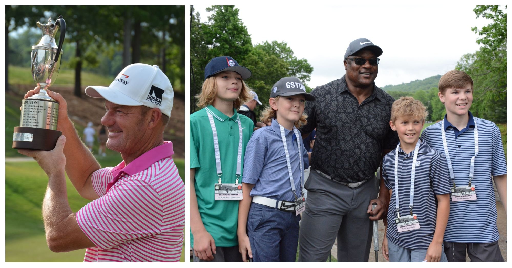 Collage image with Alex Čejka holding the Regions Tournament trophy; Bo Jackson and children at GGCC